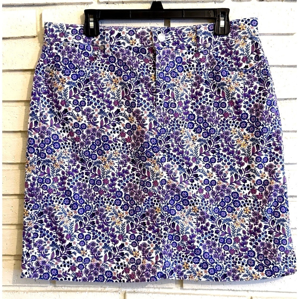 Talbots Denim Cotton Purple Floral Pencil Skirt Above Knee Stretch Sizeโ 12 NWOT